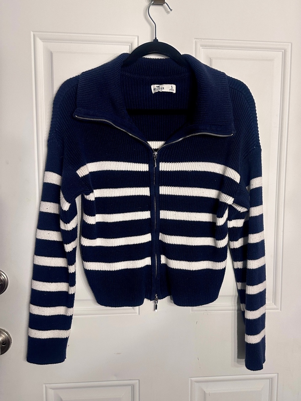 Hollister Women's Navy and White Striped Zip-Front Sweater size small